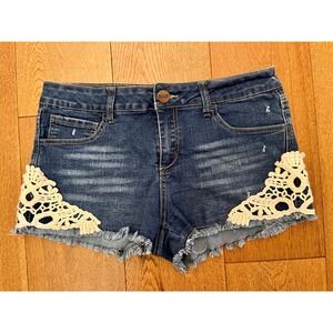 Boho Crochet Lace Denim Shorts Size 11 Festival Frayed Cut Off Jean Shorts